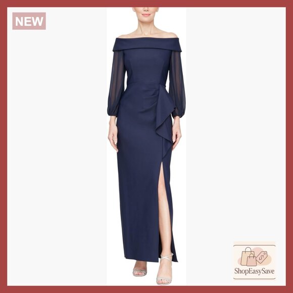 Elegant Formal Off Shoulder Dress Illusion Sleeves Ruffle Slit Sheath Gown
